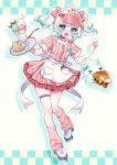  1girl @_@ ahoge blue_eyes blush bow burger carhop choker commentary contrast_lapels densetsu.exe dress eating food gradient_hair green_hair hair_bow highres holding holding_tray ice_cream lapels leg_warmers mint_fantome moorina multicolored_hair open_mouth pink_bow pink_dress pink_leg_warmers pointy_ears roller_skates skates solo spoon striped_clothes striped_dress thigh_strap thighs tray triangular_headpiece twintails untranslatable_commentary virtual_youtuber visor_cap waitress white_hair wisps_(mint_fantome) 
