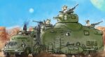  6+boys animal_ear_headwear axe blue_sky canyon combat_helmet commentary_request dust_cloud exhaust_pipe faux_traditional_media gun hatching_(texture) helmet jerry_can machine_gun manually-operated_mounted_gun mars_expedition military military_truck military_uniform military_vehicle motor_vehicle multiple_boys salute semi_truck shovel sketch sky sun tank_turret tools towing trailer truck weapon y_(khakiyawn) 
