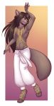  2018 anthro biped black_hair canine clothed clothing dancing digital_media_(artwork) fluffy fluffy_tail fur grey_fur hair jewelry lockworkorange long_hair male mammal pants partially_clothed pink_eyes simple_background topless 