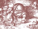  acguy army battle bunker commentary_request destruction earth_federation fire gundam lowres mecha mecha_focus mobile_suit mobile_suit_gundam monochrome no_humans nyaou oekaki one-eyed_mecha river robot scene_reference science_fiction sepia sketch smoke water zeon 