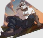 1boy absurdres animal_ears bara barefoot bear_boy bear_ears beard beard_over_mouth ben_(bansak) braid brown_fur facial_hair feet forked_eyebrows full_beard full_body furry furry_male glasses highres huge_eyebrows large_pectorals long_beard looking_at_viewer male_focus mature_male muscular muscular_male old old_man original pants pectoral_cleavage pectorals shirt short_hair side_braid single_braid sitting solo t-shirt thick_beard white_hair 