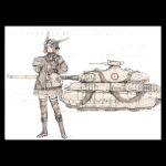  1girl animal_ears bag binoculars black_border boots border camouflage camouflage_jacket caterpillar_tracks combat_helmet commentary_request desert_camouflage fake_animal_ears faux_traditional_media gloves goggles goggles_on_head gun hatching helmet jacket letterboxed machine_gun military military_uniform military_vehicle motor_vehicle original red_hair roundel satchel short_hair sketch skirt solo tank tank_gun thighhighs vehicle_request weapon white_background y_(khakiyawn) 