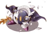  :o armor broken_mask cape commentary galaxia_(sword) gauntlets glowing glowing_eyes iblametheyarn kirby_(series) meta_knight shoulder_armor simple_background solo standing sword weapon white_background yellow_eyes 