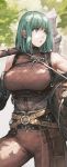  1girl axe axe_(navigavi) bare_shoulders battle_axe belt belt_buckle black_gloves blurry blurry_background bodysuit breasts brown_belt brown_pants buckle commentary cowboy_shot cropped dappled_sunlight elbow_gloves english_commentary eyelashes forest gambeson gloves green_eyes green_hair highres holding holding_axe jun_(navigavi) large_breasts leather log looking_to_the_side making-of_available medium_hair nature nose open_mouth original outdoors over_shoulder pants rope sash sleeveless solo standing strap sunlight teeth tight_clothes toned toned_female underbust upper_teeth_only weapon weapon_over_shoulder 
