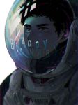  1boy :| black_hair brown_eyes character_name chromatic_aberration closed_mouth eyebrows facial_hair green_eyes happy_birthday looking_away male_focus nakkamonakkamo nanba_mutta portrait reflection solo spacesuit standing stubble uchuu_kyoudai white_background 