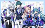  2boys 2girls :o ;o absurdres arknights arknights:_endfield bare_shoulders bell_sleeves black_gauntlets black_gloves black_thighhighs blood blood_halo blowing_kiss blue_dress blue_gloves blue_hair blush border bow bow_hairband breasts brown_hair buttons camille_(arknights) chain chain_bracelet char_(arknights) chinese_commentary clothing_cutout coat coat_on_shoulders commentary_request covered_horns cowboy_shot curled_horns demon_girl demon_horns detached_sleeves double-breasted dress earrings frilled_dress frills gloves green_eyes green_hair grey_hair grid_background hair_between_eyes hair_bow hair_ornament hair_over_shoulder hairband half_gloves halo hand_up headdress headset heart heart_earrings heart_o-ring highres holding holding_microphone horns idol idol_clothes jewelry last_rite_(arknights) leaning_forward liino_(arknights) liquid_halo long_hair long_sidelocks looking_at_viewer medium_breasts microphone multicolored_hair multicolored_horns multiple_boys multiple_girls neck_tattoo o-ring o-ring_thigh_strap one_eye_closed outside_border pants partially_fingerless_gloves pointy_ears ponytail purple_eyes red_eyes red_streaks shirt short_hair shrug_(clothing) sidelocks sleeve_cuffs slouching spiked_halo star-shaped_pupils star_(symbol) star_hair_ornament streaked_hair symbol-shaped_pupils tailcoat tattoo thigh_cutout thigh_strap thighhighs too_many_hair_ornaments tupikeee two-tone_horns two_side_up vampire white_pants white_shirt white_shrug 