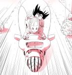  1boy 1girl amayuki318 black_hair braid bulma bush commentary dragon_ball dragon_ball_(classic) gloves hair_ribbon highres looking_at_viewer monkey motor_vehicle motorcycle on_motorcycle partially_colored pov raised_eyebrows ribbon riding riding_motorcycle rock short_sleeves simple_background single_braid sitting smile son_goku white_background 