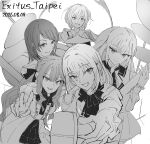  5girls ave_mujica_(bang_dream!) bang_dream! bang_dream!_it's_mygo!!!!! commentary_request dated dress greyscale hair_between_eyes highres lilachinami long_hair long_sleeves misumi_uika monochrome multiple_girls open_mouth selfie short_hair togawa_sakiko v wakaba_mutsumi yahata_umiri yuutenji_nyamu 