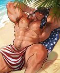  1boy abs absurdres american_flag armpit_hair bara beach beard_stubble blurry chest_hair commentary covered_penis depth_of_field english_commentary facial_hair hairy helmet highres khaloart large_pectorals leg_hair male_focus muscular muscular_male navel navel_hair nipples ocean outdoors palm_tree pectorals sand soldier_(tf2) solo sparse_chest_hair sparse_leg_hair stubble team_fortress_2 thick_navel_hair thick_thighs thighs tree 