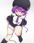  0w0_(artist) 1girl :d arm_support audio_jack bare_shoulders beret black_hat black_skirt black_sleeves blush boots breasts bright_pupils cable chromatic_aberration collared_shirt commentary cowlick detached_sleeves entangled fallen_down from_above furrowed_brow hair_between_eyes hat hat_writing headphones highres implied_tripped knee_boots knee_up long_sleeves looking_at_viewer looking_up medium_breasts necktie on_floor one_eye_closed open_mouth pleated_skirt purple_eyes purple_hair purple_necktie purple_trim robot_ears shirt short_hair simple_background sitting skindentation skirt smile solo sweatdrop utane_uta utau white_background white_pupils 