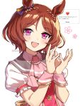  1girl animal_ears ascot blush breasts brown_hair ceceno commentary_request flower-shaped_pupils flower_in_eye heart highres horse_ears horse_girl looking_at_viewer open_mouth pink_ascot pink_eyes pink_vest pink_wrist_cuffs puffy_short_sleeves puffy_sleeves purple_eyes sakura_laurel_(saisir_le_reve)_(umamusume) sakura_laurel_(umamusume) shirt short_hair short_sleeves smile solo symbol-shaped_pupils symbol_in_eye umamusume upper_body vest wrist_cuffs 
