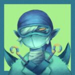  1boy aqua_border bandages border coat digimon digimon_(creature) digimon_ghost_game doctor durag fortunemagex green_background highres mask mouth_mask mummy mummymon orange_eyes simple_background solo torn_clothes white_coat 