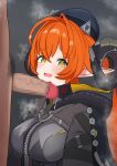  1boy 1girl absurdres black_hat black_horns blush breasts censored commentary_request curled_horns dark-skinned_male dark_skin dragon_girl dragon_horns erection green_eyes hair_between_eyes hat hetero highres horns large_breasts long_hair mechanical_horns mosaic_censoring ng1sh8 open_mouth orange_hair orange_pupils orphie_magnusson penis pointy_ears steaming_body twintails zenless_zone_zero 