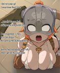  1boy 1girl areola_slip bikini breasts brick_floor brown_thighhighs clothes_grab collarbone colored_skin commentary covered_nipples dovahkiin dovakini-chan_(nisetanaka) english_commentary english_text fake_horns green_skin helmet highres holding_another's_horns horned_helmet horns huge_breasts jewelry kneeling looking_at_viewer necklace nisetanaka open_mouth orange_hair pov sketch solo_focus swimsuit teeth the_elder_scrolls the_elder_scrolls_v:_skyrim thighhighs tongue traditional_media white_bikini 