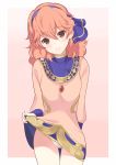  blush brown_eyes closed_mouth commentary_request curly_hair dress dress_lift fire_emblem fire_emblem_echoes:_mou_hitori_no_eiyuuou hairband highres jenny_(fire_emblem) jewelry lifted_by_self long_sleeves necklace panties pink_dress pink_hair shiyo_yoyoyo simple_background smile solo underwear white_panties 