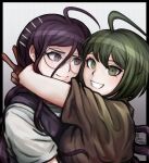  2girls ahoge alternate_costume black_border border chomaeki closed_mouth commentary danganronpa_(series) danganronpa_another_episode:_ultra_despair_girls english_commentary eyelashes fukawa_toko glasses green_eyes green_hair grin hair_between_eyes hair_ornament hairclip highres hug komatsuzaki_rui_(style) long_hair mole mole_under_mouth multiple_girls multiple_hairclips naegi_komaru official_style parody purple_eyes purple_hair ringed_eyes round_eyewear short_hair short_sleeves smile style_parody teeth v 