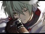  1boy aiming aiming_at_viewer alyosha_(genshin_impact) black_border black_shirt border brown_gloves cape closed_mouth commentary_request crossed_bangs earmuffs freckles fur-trimmed_cape fur_trim genshin_impact gloves green_hair gun hair_between_eyes hands_up highres holding holding_gun holding_weapon hood hooded_cape looking_at_viewer male_focus nekokoko one_eye_closed rifle shirt short_hair simple_background sniper_rifle snowing solo turtleneck turtleneck_shirt upper_body watermark weapon white_background white_cape winter yellow_eyes 
