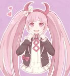  1girl blush bow child clenched_hands commentary_request danganronpa_(series) danganronpa_another_episode:_ultra_despair_girls fake_horns hair_horns hairband heart horn_bow horn_hairband horn_ornament horns long_hair looking_up mikuni_(open-ranka) pink_eyes pink_hair pink_hairband pink_horns polka_dot polka_dot_bow purple_background simple_background solo twintails utsugi_kotoko 