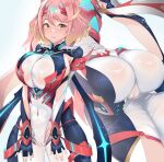  1girl absurdres ass bodysuit breasts breasts_squeezed_together cameltoe chest_jewel commentary_request covered_nipples fingerless_gloves gloves gradient_hair highres huge_ass huge_breasts kajichan multicolored_hair official_alternate_costume official_alternate_hair_color pink_hair pyra_(switch_2)_(xenoblade) pyra_(xenoblade) see-through_clothes shore solo space_print starry_sky_print sweaty_clothes tiara xenoblade_chronicles_(series) xenoblade_chronicles_2 
