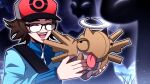 1boy aprilssarts baseball_cap black-framed_eyewear blue_jacket brown_hair closed_eyes glasses hat highres hilbert_(pokemon) holding holding_pokemon jacket multicolored_hair open_mouth pokemon pokemon_(creature) pokemon_black_and_white shedinja short_hair solo teeth two-tone_hair upper_body 
