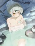  1girl absurdres bathing blush breasts choko_(cup) commentary cup english_commentary from_above grey_hair hair_bun hair_ornament hairclip highres large_breasts looking_at_viewer mole mole_on_breast naked_towel onsen oro_(lsg0624) partially_submerged smile solo steam towel yellow_eyes yixuan_(zenless_zone_zero) zenless_zone_zero 