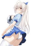  1girl ahoge akizuki_kanna apron ass back_bow blue_bow blue_shirt blue_skirt blush bow bra breasts breasts_out cafe_stella_to_shinigami_no_chou character_name closed_mouth commentary cowboy_shot crossed_bangs eyes_visible_through_hair floral_print_bra frilled_apron frills from_below hair_between_eyes hair_bow highres large_breasts lingerie long_hair looking_at_viewer miniskirt official_alternate_costume official_alternate_hairstyle open_clothes open_shirt panties pantyshot plaid_clothes plaid_skirt pleated_skirt ponytail puffy_short_sleeves puffy_sleeves red_eyes shirt short_sleeves sidelocks simple_background skirt smile solo split_mouth striped_clothes striped_shirt tft_(tft7822) thighhighs thighs underwear vertical-striped_clothes vertical-striped_shirt very_long_hair waist_apron waitress white_apron white_background white_bow white_bra white_panties white_thighhighs 