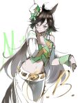  1girl ahoge animal_ears arm_strap asymmetrical_jacket blush breasts brown_hair choker cropped_jacket green_shirt hair_ornament hat highres horse_ears horse_girl horse_tail jacket long_hair looking_at_viewer midriff mini_hat mini_top_hat monlogi mr._c.b._(clear_bliss)_(umamusume) mr._c.b._(umamusume) navel pants parted_lips shirt single_bare_shoulder single_sleeve single_wrist_cuff smile solo strapless strapless_shirt tail top_hat umamusume white_jacket white_pants wrist_cuffs yellow_choker 