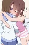  2girls arms_around_neck blue_hoodie blue_shorts blush brown_hair camisole commentary_request extreme_hearts fingering hayama_hiyori highres hood hoodie indoors kodaka_saki long_hair miruzawa_akechi multiple_girls one_eye_closed open_mouth panties pink_camisole pink_panties purple_eyes short_hair shorts striped_clothes striped_panties translation_request underwear yuri 