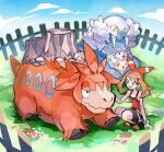  1girl blue_sky brown_hair camerupt closed_mouth commentary_request day egg fence grass hairband kantarou_(8kan) may_(pokemon) nostrils open_mouth picket_fence pokemon pokemon_(creature) pokemon_egg pokemon_omega_ruby_and_alpha_sapphire red_hairband sky squatting walrein wooden_fence 