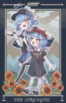  2girls :d ;d aged_down asymmetrical_legwear bird_hat_ornament black_bow black_bowtie black_capelet black_dress black_hat black_pantyhose black_shoes blue_hair blue_necktie blue_skirt bow bowtie braid braided_hair_rings capelet card_(medium) collared_dress collared_shirt commentary_request deerstalker dress flower flower_wreath footwear_bow frilled_skirt frilled_socks frills full_body grey_vest hair_bow hair_rings hat hat_bow headpat holding holding_magnifying_glass layered_skirt long_sleeves magnifying_glass mahou_shoujo_no_majo_saiban multiple_girls necktie one_eye_closed open_mouth pantyhose plaid_clothes plaid_skirt red_flower red_rose rose shirt shoes short_hair single_leg_pantyhose skirt smile socks sunflower tachibana_sherry tarot tarot_(medium) thumpthum vest white_bow white_shirt white_socks yellow_eyes 