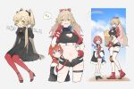  2girls :d aged_down alternate_costume ange_katrina ange_katrina_(1st_costume) ankle_boots ascot bag baguette bandage_on_cheek bandage_on_leg bandaged_arm bandages black_ascot black_boots black_bow black_coat black_dress black_shirt black_shoes black_shorts blonde_hair blue_eyes blue_sky blush boots bow bread breasts brooch brown_bag cardigan cleavage cleavage_cutout closed_umbrella clothing_cutout cloud coat colored_inner_hair dated dot_nose dress fang food frown gloves grey_background grocery_bag hair_between_eyes hair_bow hair_intakes hair_ornament hairclip hand_on_another's_thigh hand_on_own_hip hiding hiding_behind_another high_heels highres holding holding_bag holding_umbrella jewelry juliet_sleeves knee_pads large_breasts long_bangs long_hair long_sleeves multicolored_hair multiple_girls multiple_views navel nijisanji nui_sociere nui_sociere_(5th_costume) off_shoulder open_clothes open_fly open_mouth open_shorts panty_straps pantyhose pink_hair pleated_dress ponytail puffy_short_sleeves puffy_sleeves rainbow red_boots red_bow red_cardigan red_gloves red_hair red_pantyhose red_shrug shirt shoes shopping_bag short_dress short_hair short_shorts short_sleeves shorts shrug_(clothing) single_knee_pad single_suspender_hanging skin_fang sky sleeveless sleeveless_shirt sleeves_past_wrists smile spoken_sparkle stomach thigh_strap twintails two-tone_hair umbrella very_long_hair virtual_youtuber white_dress why_(omaemona) yellow_eyes 