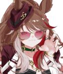 1girl animal_ears black_shirt bracelet breasts brown_hair chain_necktie choker claw_pose closed_mouth commentary ears_through_headwear fang fedora forever_young_(racing)_(umamusume) forever_young_(umamusume) green_choker green_eyes hat highres horse_ears horse_girl jacket jewelry long_hair looking_at_viewer multicolored_hair necktie purple-tinted_eyewear red-tinted_eyewear red_jacket red_streaks ring shirt solo streaked_hair sunglasses tinted_eyewear tree_est umamusume untranslatable_commentary upper_body white_necktie white_streaks 