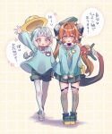  1other 2girls aged_down alternate_costume arm_up black_hat black_horns blue_eyes blue_hair blue_shirt commentary_request curled_horns dragon_girl dragon_horns flower_hairclip full_body green_eyes green_shorts green_skirt hair_between_eyes hair_ornament hairclip hat horns kindergarten_uniform long_hair long_sleeves looking_at_viewer magus_(zenless_zone_zero) mechanical_horns mechanical_tail multiple_girls open_mouth orange_hair orphie_magnusson pointy_ears school_hat school_uniform seed_(zenless_zone_zero) shirt shorts skirt smile speech_bubble tail thighhighs tmskdot translation_request twintails waving yellow_hat zenless_zone_zero 