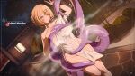  1girl absurdres blonde_hair blush breasts commentary_request convenient_censoring highres jellyrexart large_breasts looking_at_viewer multicolored_hair naked_towel onsen pink_streaks purple_eyes short_hair smile solo steam steam_censor streaked_hair tentacle_girl tentacle_tail tentacles thick_thighs thighs towel v yidhari_murphy zenless_zone_zero 