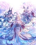  3girls animal_ears bare_shoulders black_hair black_leotard blonde_hair breasts bridal_gauntlets cherry_blossoms chinese_zodiac cleavage cleavage_cutout clothing_cutout collarbone colored_inner_hair commentary_request dark-skinned_female dark_skin detached_sleeves dragon_girl dragon_horns draph erune falling_petals flower granblue_fantasy green_hair hair_ornament highres horns indala_(granblue_fantasy) japanese_clothes kimono large_breasts leotard long_hair makura_(granblue_fantasy) minaba_hideo mole mole_under_mouth multicolored_eyes multicolored_hair multiple_girls official_art outdoors payila_(granblue_fantasy) petals pink_flower pink_petals pointy_ears rabbit_ears rabbit_girl red_eyes reflection reflective_liquid ripples sandals shiromuku sky smile snake socks standing standing_on_liquid thighhighs tree two-tone_eyes uchikake very_long_hair water white_hair white_hood white_kimono white_socks yellow_eyes 