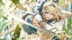  1girl :d aqua_eyes black_hairband black_shorts blonde_hair blue_sash commentary_request day detached_sleeves double-parted_bangs game_asset hairband highres holding holding_sword holding_weapon hololive hololive_dreams hood japanese_clothes katana kazama_iroha kazama_iroha_(blade_flash) kimono kneehighs long_hair looking_at_viewer non-web_source obi official_alternate_costume official_art open_mouth outdoors ponytail reverse_grip sash self-datamine sencha_(senchat) shoes short_shorts shorts smile socks solo sword virtual_youtuber weapon white_kimono white_shoes white_sleeves white_socks wide_sleeves 