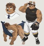  1boy absurdres adjusting_clothes adjusting_headwear animal_ears ass bara bare_shoulders baseball_cap baseball_jersey baseball_uniform bear_boy bear_ears belly ben_(bansak) catcher's_mitt catcher_(baseball) collage facial_hair forked_eyebrows full_body furry furry_male goatee_stubble hat highres huge_eyebrows jersey large_pectorals looking_ahead looking_at_viewer lying male_focus mature_male muscular muscular_male necktie nude on_stomach open_mouth original pectorals plump shirt short_hair short_sideburns sideburns sideburns_stubble sleeping sleeveless sleeveless_shirt smile sportswear stubble thick_thighs thighs v-shaped_eyebrows 