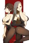  black_legwear breasts brown_eyes bunnysuit earrings elbow_gloves gloves grey_hair highres jewelry long_hair looking_at_viewer niijima_makoto niijima_sae pantyhose persona persona_5 red_eyes short_hair simple_background vic 