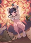  1girl arms_behind_head bag bikini black_hair black_horns blue_archive brown_shrug camera chiaki_(blue_archive) chiaki_(swimsuit)_(blue_archive) commentary curved_horns explosion fishnet_shrug hair_bun halo highres horns licking_lips multicolored_horns o-ring o-ring_bikini o-ring_top official_alternate_costume official_alternate_hairstyle one_eye_closed red_halo see-through_clothes see-through_shrug shoulder_bag shrug_(clothing) smile solo squatting swimsuit tongue tongue_out white_bikini yamada_denki 
