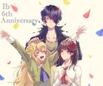  2girls :d anniversary arms_up black_flower blonde_hair blue_neckwear blush brown_hair clenched_hand closed_eyes confetti facing_viewer flower garry_(ib) hair_flower hair_ornament hair_over_one_eye hand_on_another's_head ib ib_(ib) light_smile long_hair mary_(ib) medium_hair multiple_girls oga_sleep open_mouth red_flower red_neckwear smile upper_body very_long_hair white_background yellow_flower 