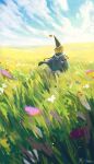  1girl absurdres aqua_cloak cloak coco_(tongari_boushi_no_atelier) commentary from_behind grass green_hair hat hat_tassel highres outdoors porukana qifrey's_atelier_apprentice_uniform short_hair sky solo tassel tongari_boushi_no_atelier 