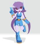  1girl absurdres belt blue_boots blue_gloves blue_shirt blue_shorts boots dragon_girl dragon_horns earphones freedom_planet furry furry_female gloves highres horns long_hair open_mouth pink_eyes purple_hair sash_lilac shirt shorts sleeveless sleeveless_shirt solo souldroids twintails v water_dragon white_background 