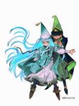  1boy 1girl aqua_cloak aqua_hat artist_name bakeddeer behind_another black_cloak black_hair blocking blue_eyes blue_hair blush buttons cloak collared_cloak commentary conical_hat dress english_commentary euini_(tongari_boushi_no_atelier) full_body furrowed_brow green_eyes green_hat hair_over_eyes hat hetero hiding hiding_behind_another highres kodomo_doushi leggings long_bangs long_dress long_hair long_sleeves protecting qifrey's_atelier_apprentice_uniform richeh_(tongari_boushi_no_atelier) scared shirt shoes short_bangs short_hair tassel tongari_boushi_no_atelier very_long_hair very_short_hair white_background white_dress white_shirt wide_mouth wizard_hat 