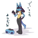  2014 ambiguous_gender bottomless clothed clothing dlrowdog japanese_text lucario nintendo pok&eacute;mon pok&eacute;mon_(species) red_eyes simple_background text translation_request video_games white_background 