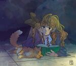  1girl blush book brown_hair cat collared_shirt crookshanks gryffindor harry_potter_(series) head_rest hermione_granger holding holding_book holding_wand looking_at_animal lying makkunsta necktie on_stomach shirt sleeping the_pose wand wavy_hair wizarding_world 