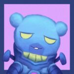  1boy armor blue_border blue_skin border colored_skin digimon digimon_(creature) digimon_ghost_game espimon fortunemagex hamster highres jetpack looking_at_viewer male_focus mechanical_arms pink_background simple_background smile solo teeth yellow_eyes 