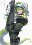 1girl arknights arknights:_endfield blowing_bubble_gum bodysuit breasts chewing_gum duplicate fingerless_gloves flexible fluorite_(arknights) gloves green_hair hair_ornament hair_through_hood hairclip highres holding_own_leg hood hooded_shrug impossible_bodysuit impossible_clothes looking_at_viewer navel non-web_source ponytail shrug_(clothing) snake_girl snake_tail solo split standing standing_on_one_leg standing_split tail uof 