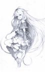  :o ahoge boots braid graphite_(medium) hair_between_eyes highres ia_(vocaloid) junwool long_bangs long_hair looking_at_viewer off_shoulder pencil pink_hair pleated_skirt single_thighhigh skirt solo thigh_strap thighhighs traditional_media very_long_hair vocaloid 