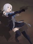  1girl adapted_turret black_gloves black_thighhighs blue_eyes blue_neckerchief blush braid breasts brown_background cannon commentary_request elbow_gloves gloves grey_hair highres holding holding_turret kantai_collection long_hair looking_at_viewer mole mole_under_eye neckerchief pleated_skirt rigging sailor_collar school_uniform serafuku ship_turret shirt single_braid skirt sleeveless sleeveless_shirt smokestack solo thighhighs torpedo_launcher umikaze_(kancolle) very_long_hair yuu+ 