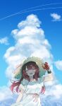  1girl :d ^_^ adjusting_clothes adjusting_headwear alternate_costume blue_sky blunt_bangs breasts brown_hair closed_eyes cloud cloudy_sky commentary_request contrail cowboy_shot day dress gradient_hair gunsou1350 hand_up hat highres hololive long_hair looking_at_viewer mechanical_hands medium_breasts multicolored_hair red_hair roboco-san shade short_sleeves single_mechanical_hand sky smile solo straw_hat sundress two-tone_hair virtual_youtuber white_dress 